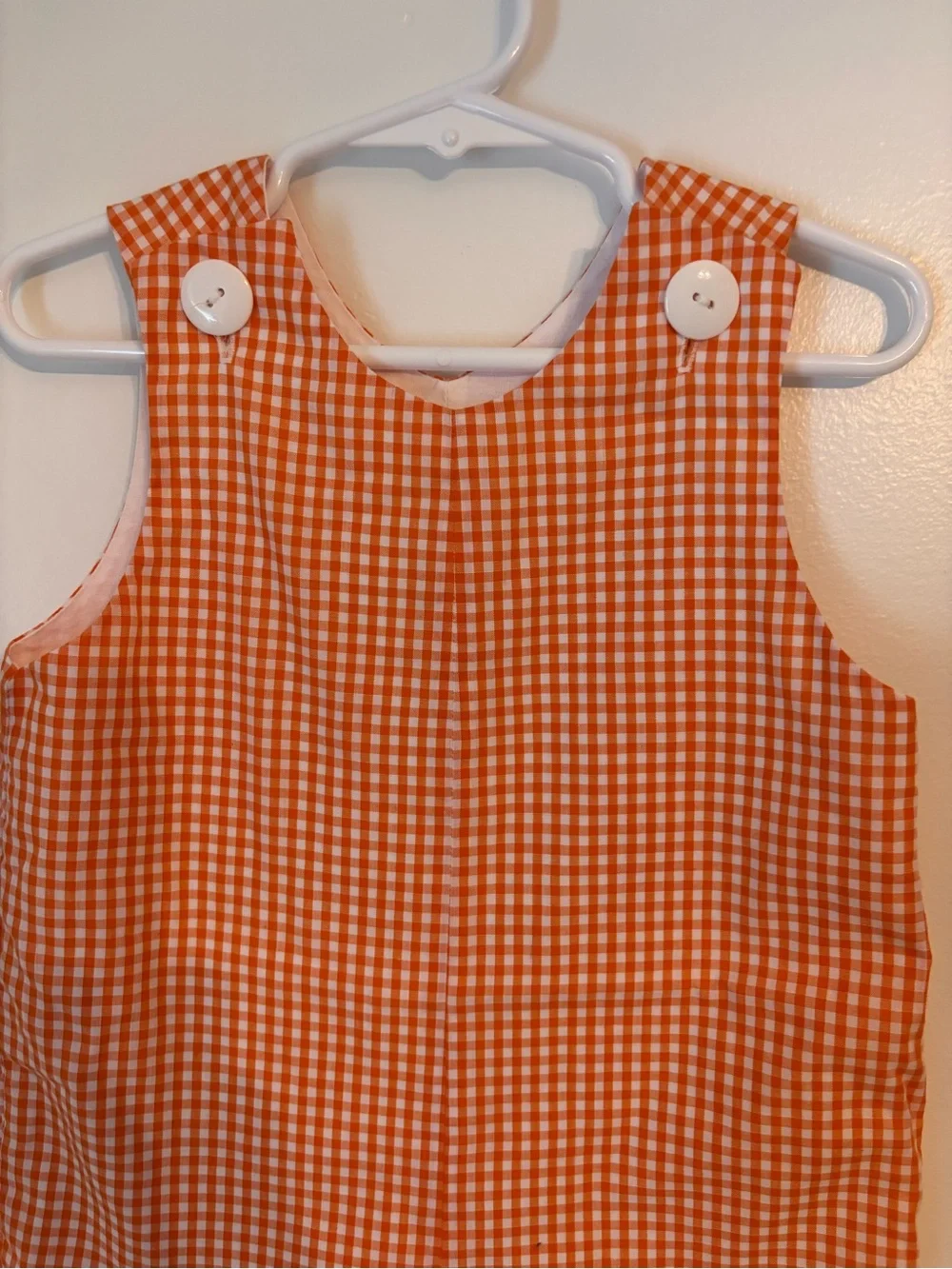 Orange & White Gingham Kids Romper with Button Shoulder Closures
